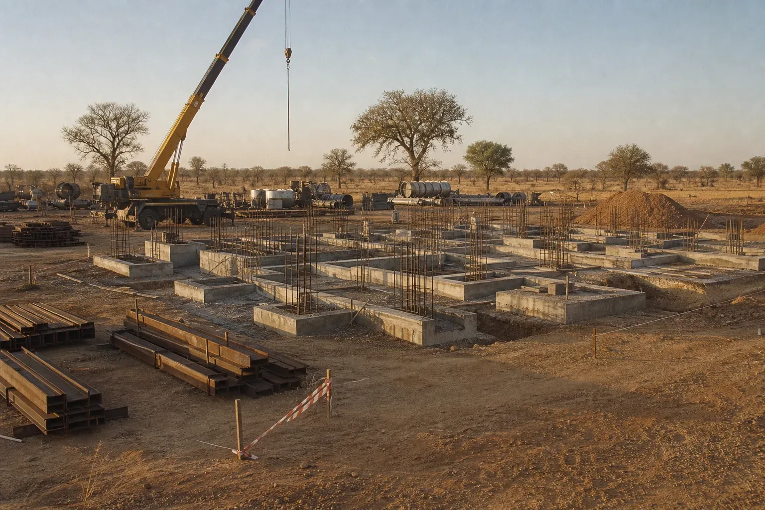 Process plant foundations, rebar starts, a mobile crane and a steel laydown yard on a cleared savanna platform.