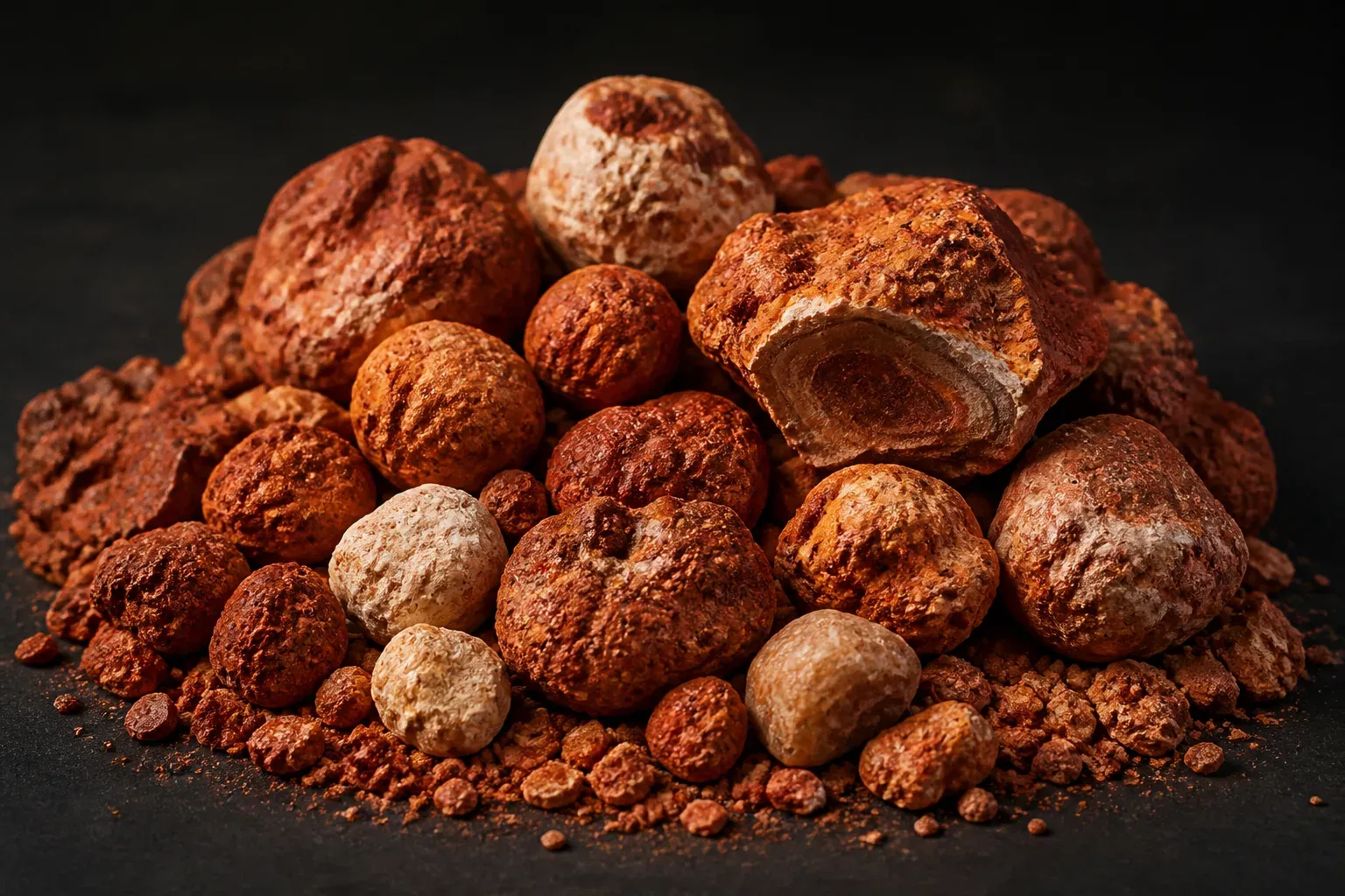 A pile of rounded pisolitic bauxite pebbles in rust red, orange and cream tones with crushed fines around them.