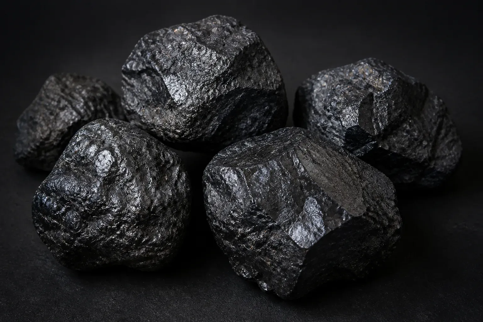 Fist-sized lumps of manganese ore with dense blue-black metallic lustre on a dark surface.
