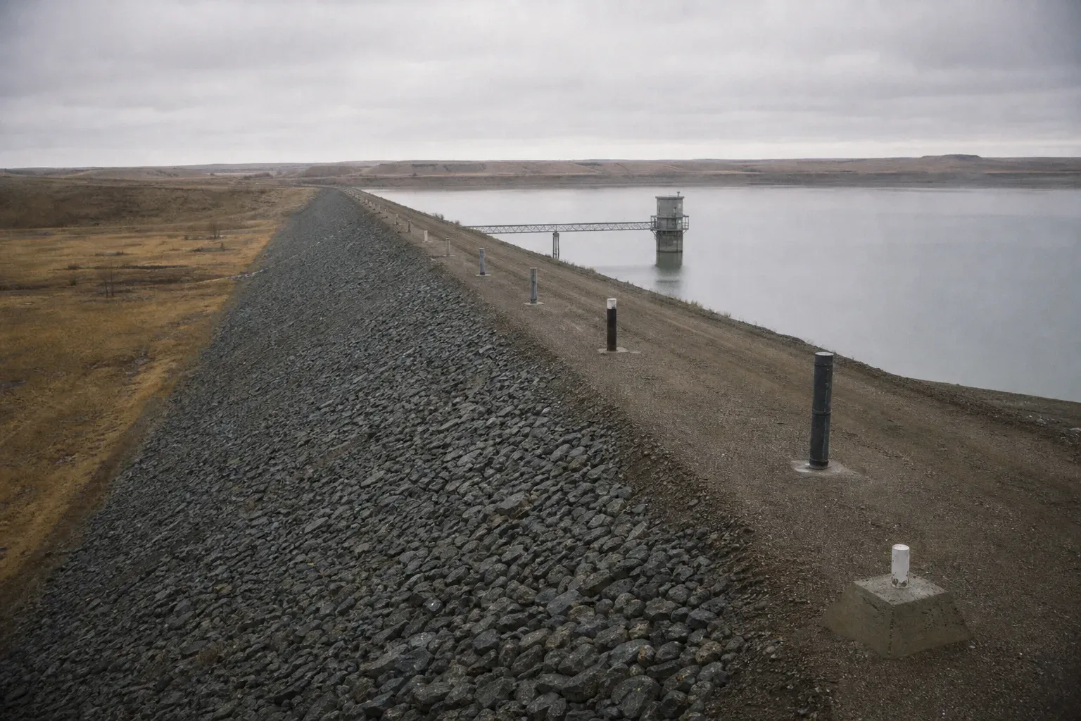 A rock-armoured tailings embankment with a benched crest, piezometer standpipes, survey monuments and a decant tower in the pond behind.